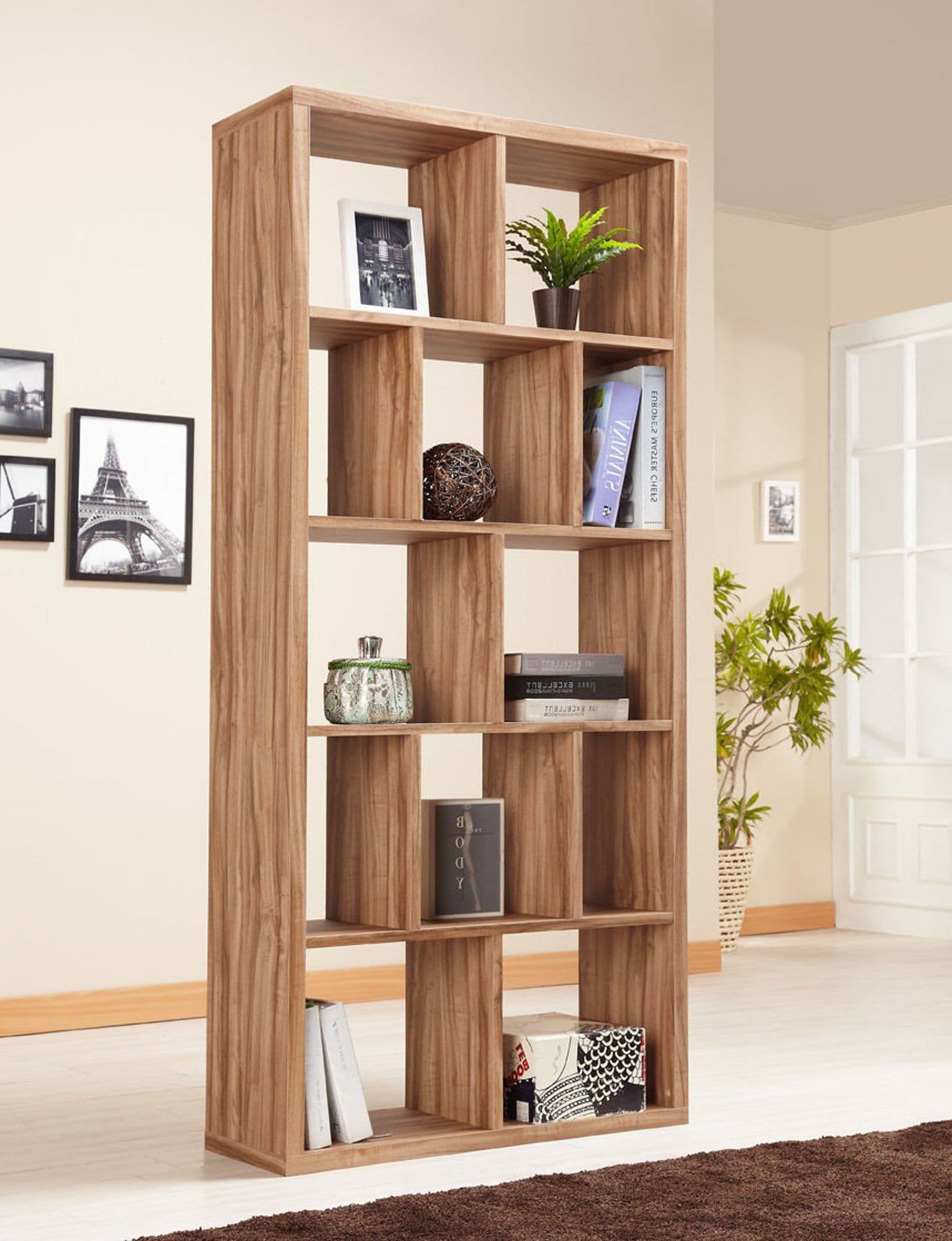 Tall wooden bookshelf filled with books