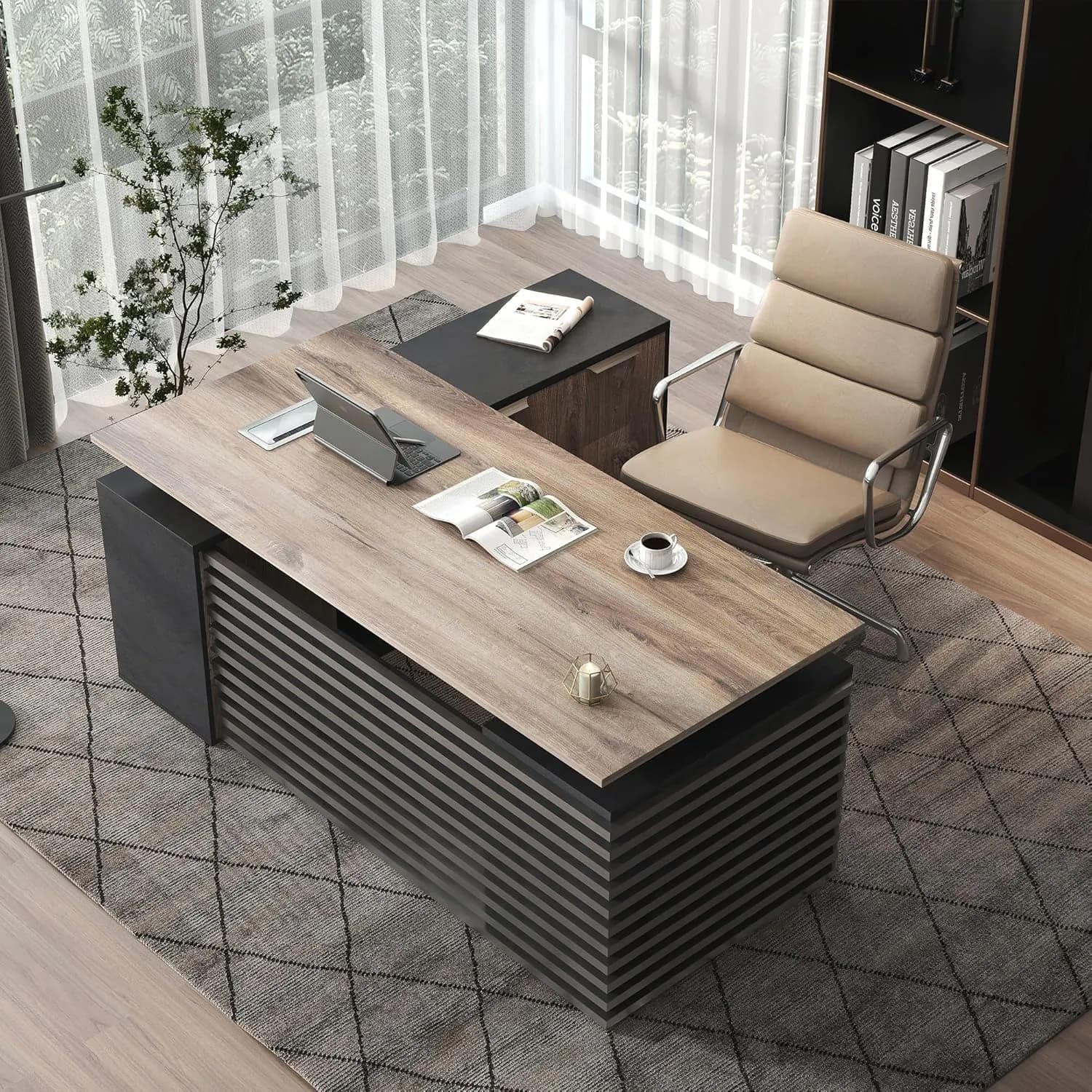 L-shaped executive desk in walnut finish